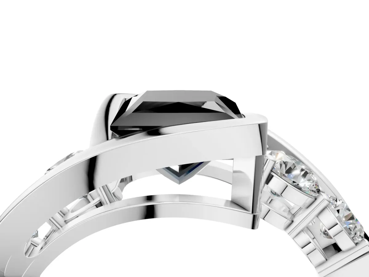 Fancy Black Bezel Set Princess Cut Diamond Bypass Ring with Round Accents Platinum