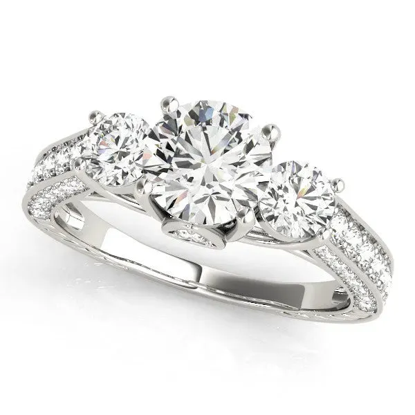 Three-Stone Round Cut Cut Diamond Engagement Ring with Split Shank and Prong Setting Platinum