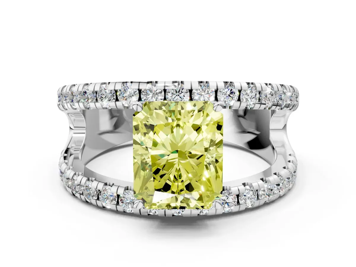 Fancy Yellow Radiant Cut Solitaire Split Shank Pave Diamond Ring Platinum