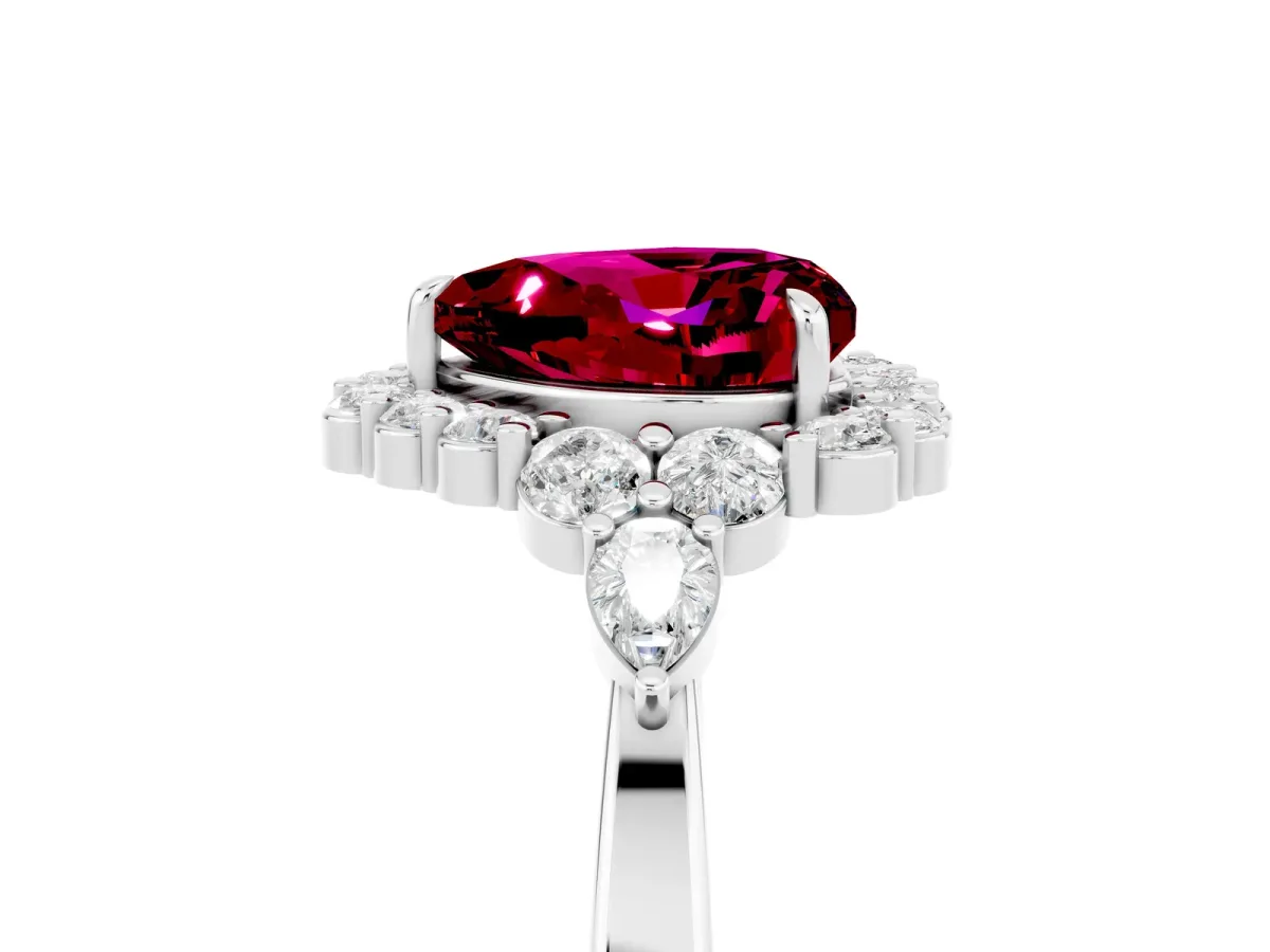 Heart Cut Garnet Halo Ring with Pear Side Stones and Prong Setting Silver