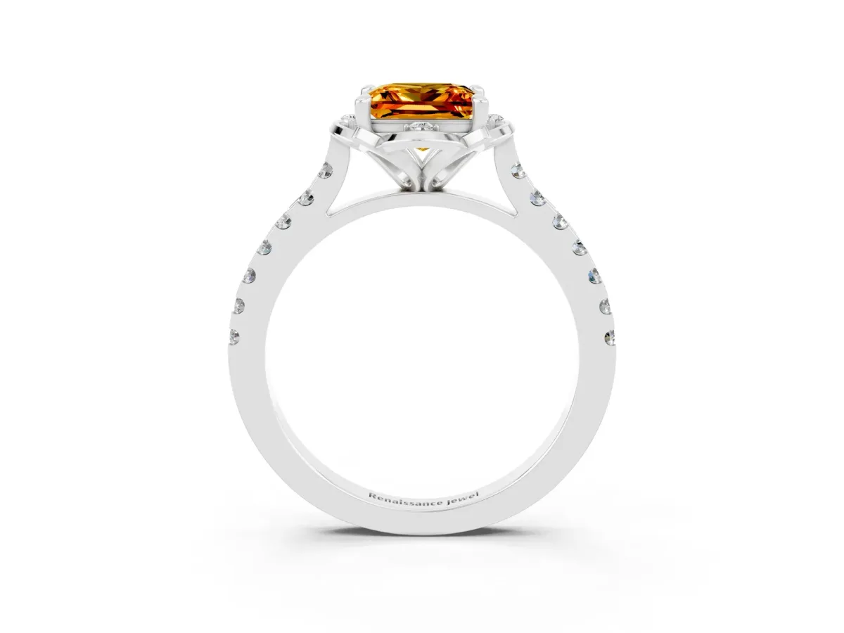 Princess Cut Citrine Ring with Pavé Band and Floral Prong Setting Silver