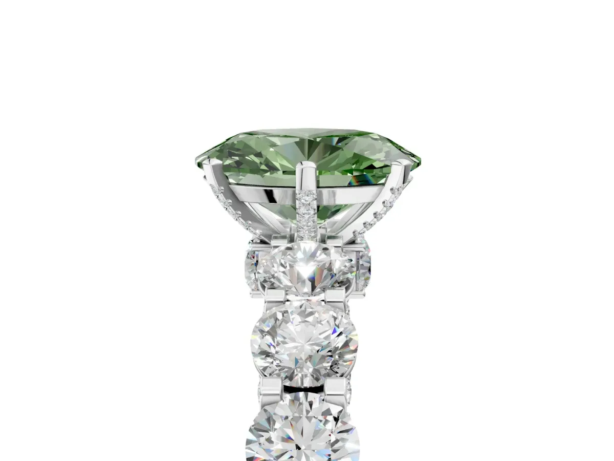 Fancy Green Oval Cut Diamond Side Stone Engagement Ring with Four-Prong Setting White gold