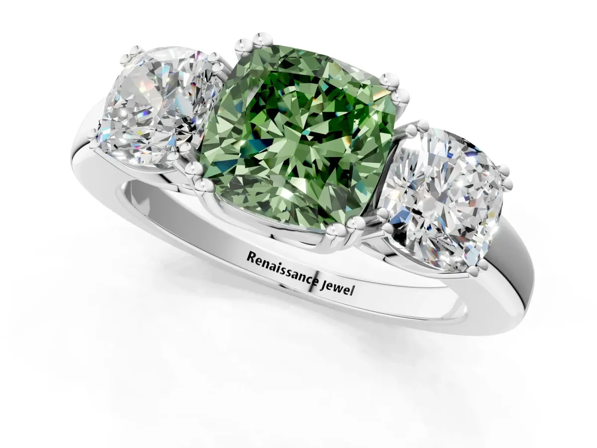Fancy Green Three-Stone Cushion Cut Cut Diamond Ring with Channel Set Band and Four-Prong Setting Silver