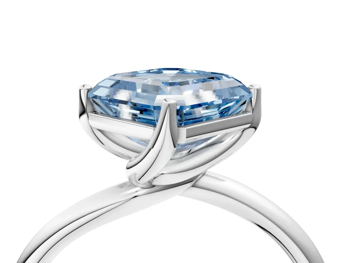 Fancy Blue Asscher Cut Diamond Solitaire Engagement Ring with Four-Prong Setting and Classic Band Platinum