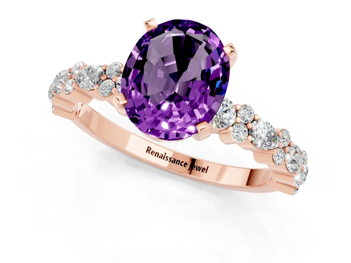 Oval Cut Amethyst Side Stone Solitaire Ring with Round and Four-Prong Setting Rose gold