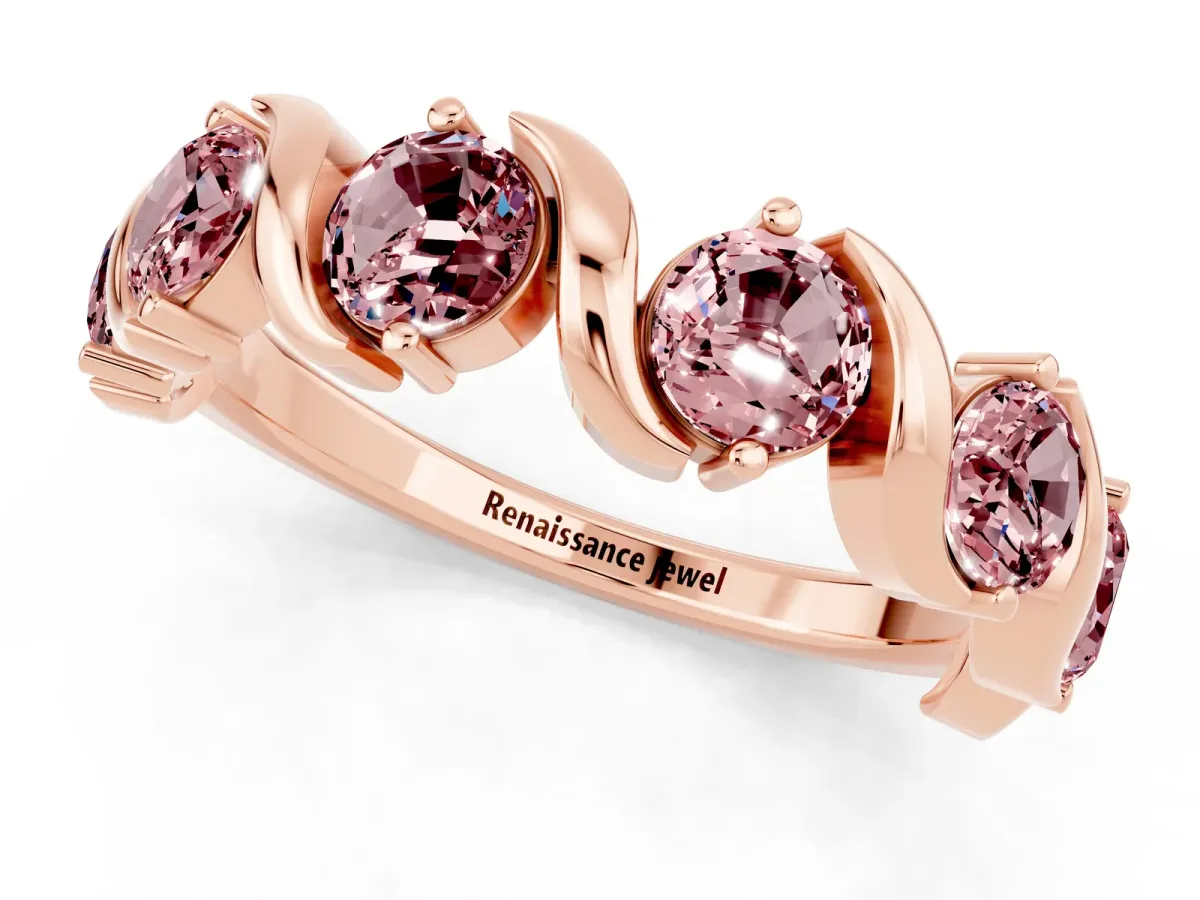Round Morganite Half Eternity Band with Wave Prong Setting Rose gold