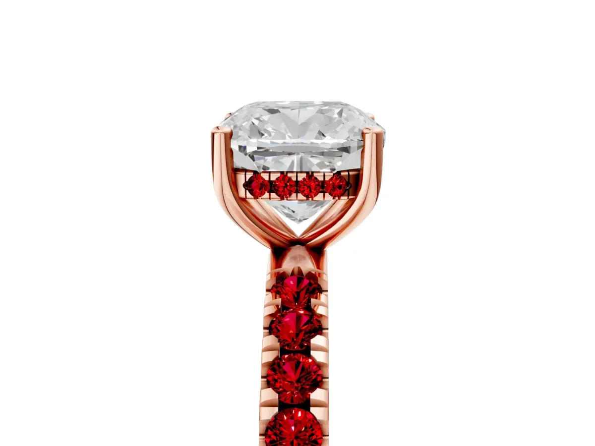 Cushion Cut Diamond Pave Band Solitaire Ring with Round Ruby and Prong Setting Rose gold