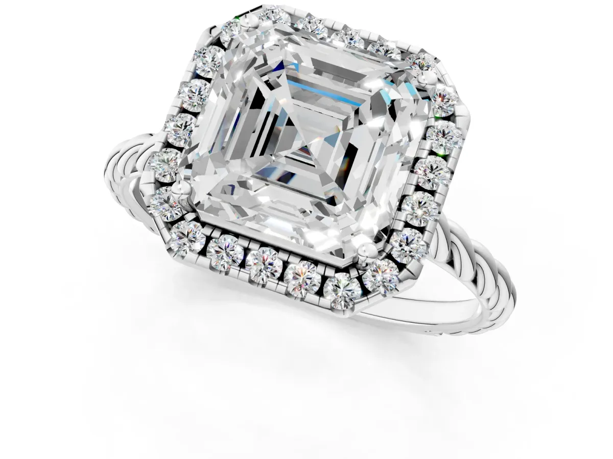 Asscher Cut Halo Twisted Band Four-Prong Diamond Ring Platinum