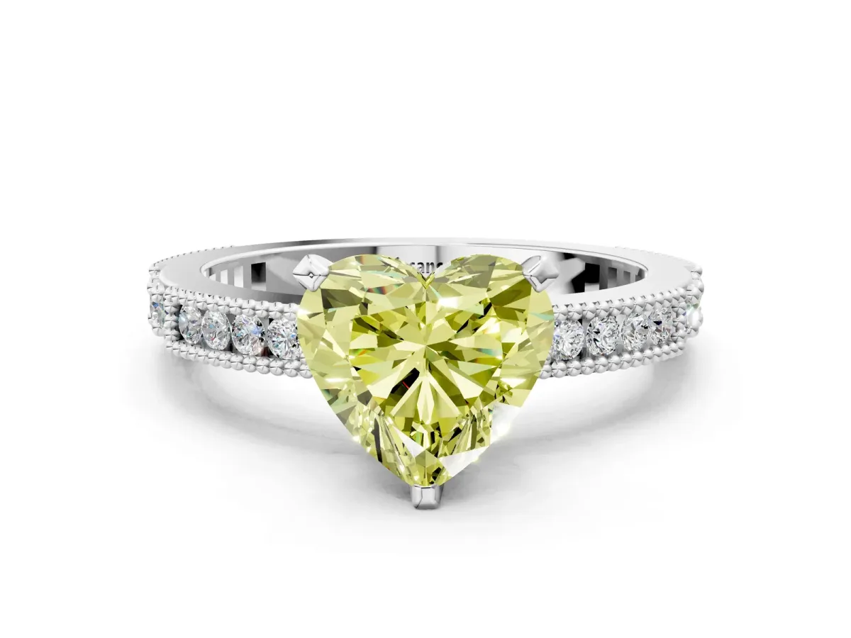 Fancy Yellow Heart Cut Solitaire with Pavé Band and Four-Prong Setting Silver