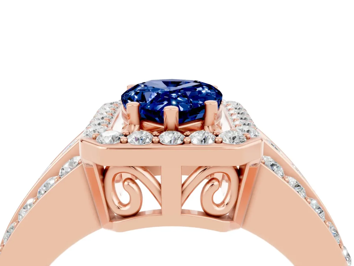 Pear Cut Halo Blue Sapphire Ring with Round Split Shank and Prong Setting Rose gold