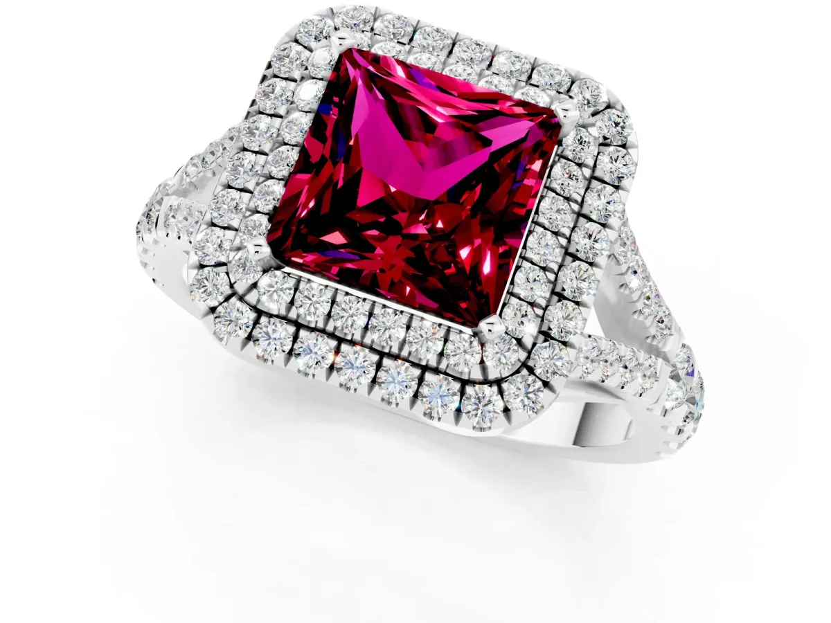 Double Halo Princess Cut Garnet Split Shank Engagement Ring with Four-Prong Setting White gold