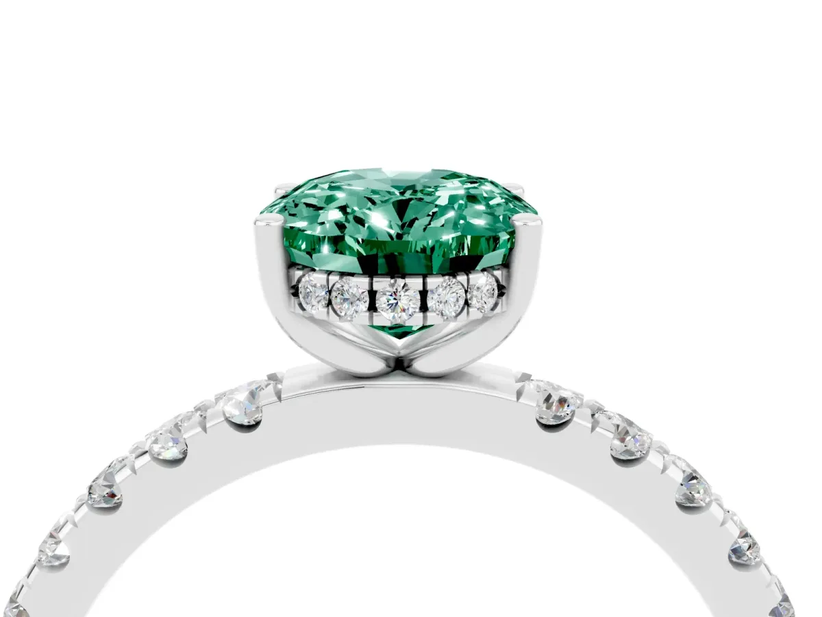 Oval Cut Green Sapphire Pave Band Solitaire Ring with Round and Prong Setting Silver