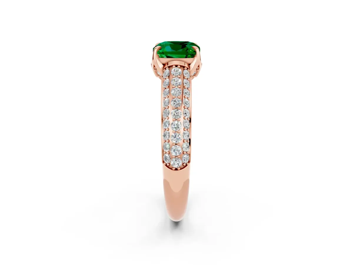 Cushion Cut Emerald Solitaire Ring with Three-Row Pavé Band and Four-Prong Setting Rose gold