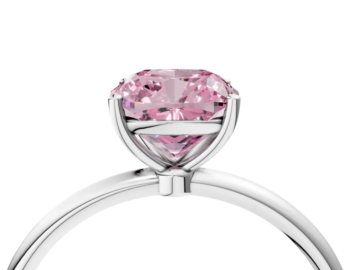 Fancy Pink Cushion Cut Cut Solitaire Engagement Ring with Thin Band and Four-Prong Setting Silver