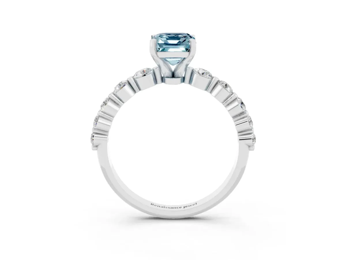 Emerald Cut Solitaire Aquamarine Ring with Pave Band and Four-Prong Setting Silver
