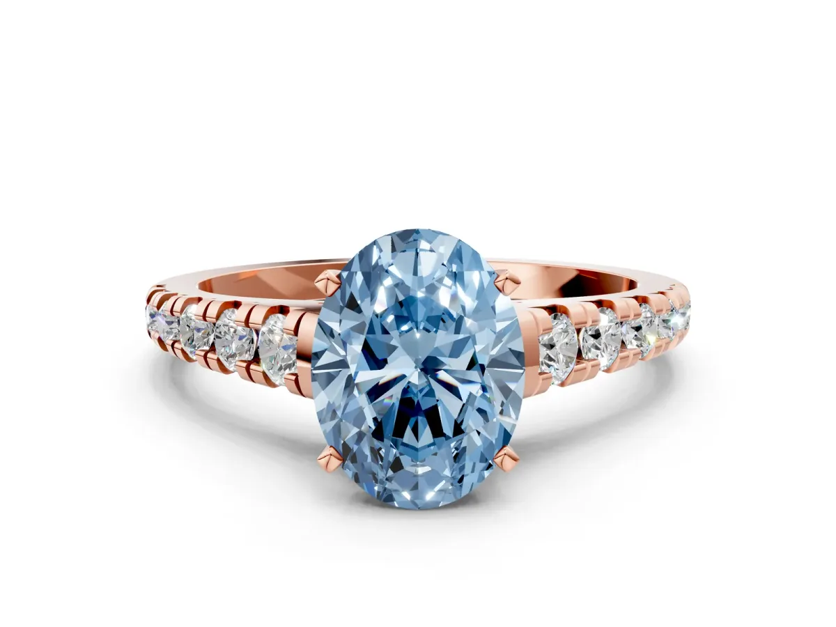 Fancy Blue Oval Cut Diamond Cathedral Solitaire Ring with Round Pavé Band Rose gold