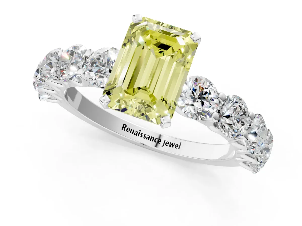 Fancy Yellow Emerald Cut Diamond Prong Setting with Side Stones on a Pave Band Silver