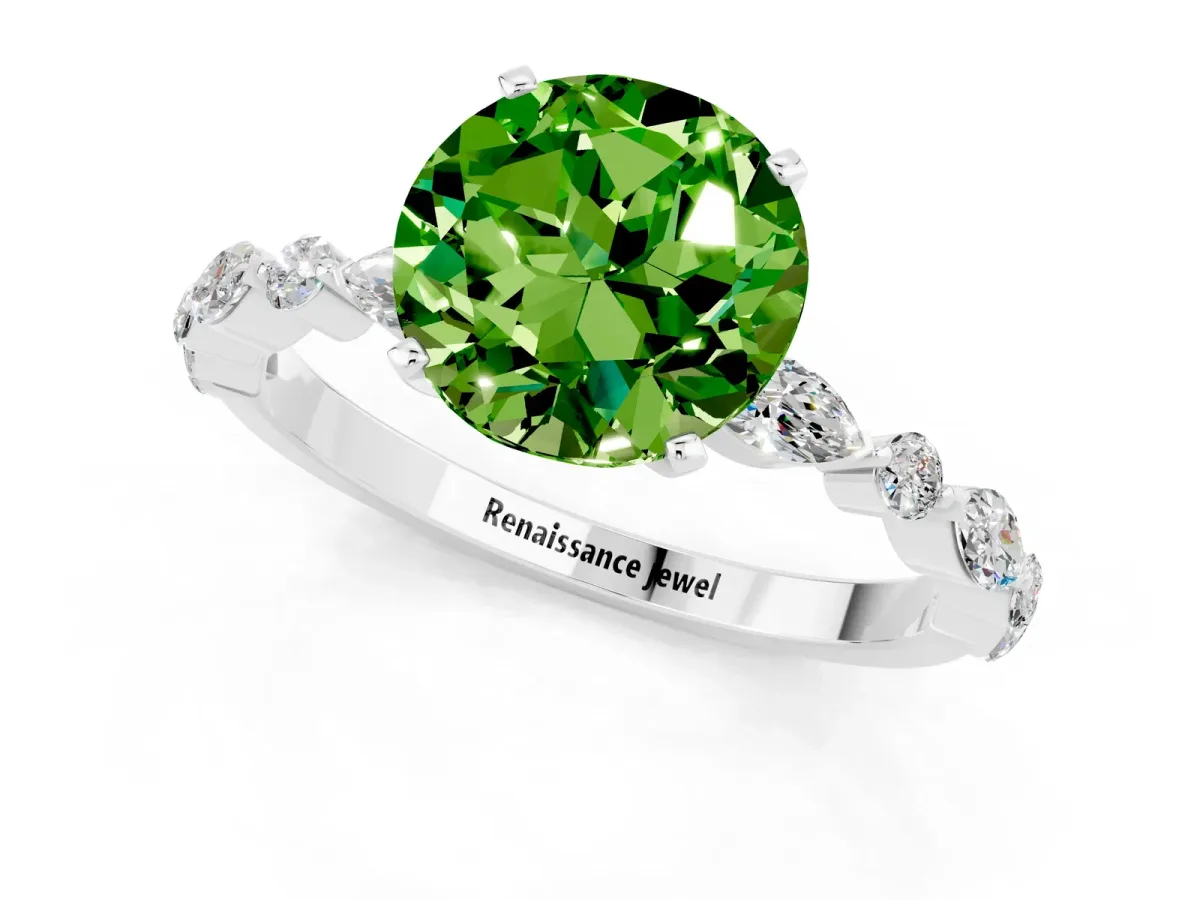 Round Cut Peridot Ring with Marquise and Round Side Stones and Four-Prong Setting Silver