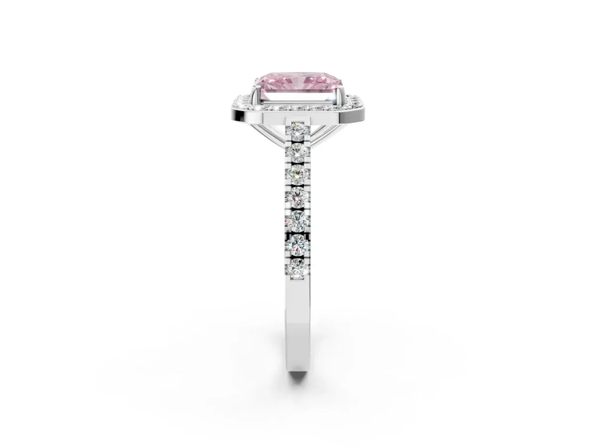 Fancy Pink Radiant Cut Diamond Halo Ring with Round Pavé Split Shank and Prong Setting Platinum