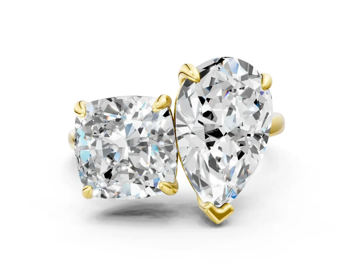 Pear and Cushion Toi Moi Ring with Prong Setting and Plain Band Yellow gold
