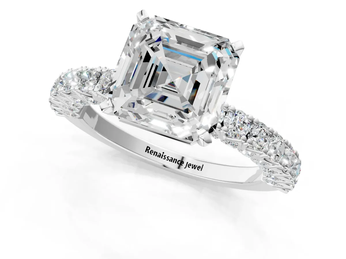 Asscher Cut Diamond Solitaire Ring with Round Accent Pavé Band and Prong Setting Platinum