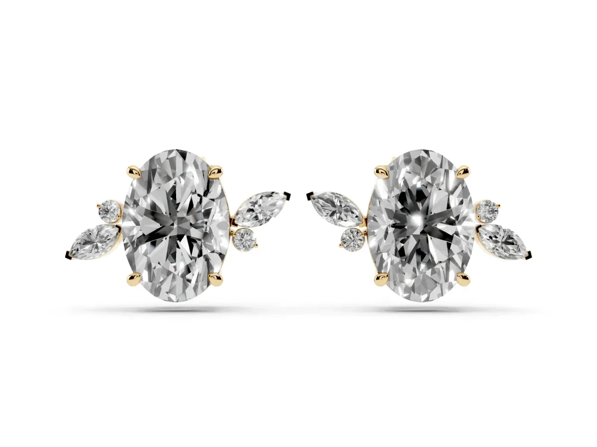 Oval Cut Diamond Nature-Inspired Stud Earrings with Marquise and Round Accents Yellow gold