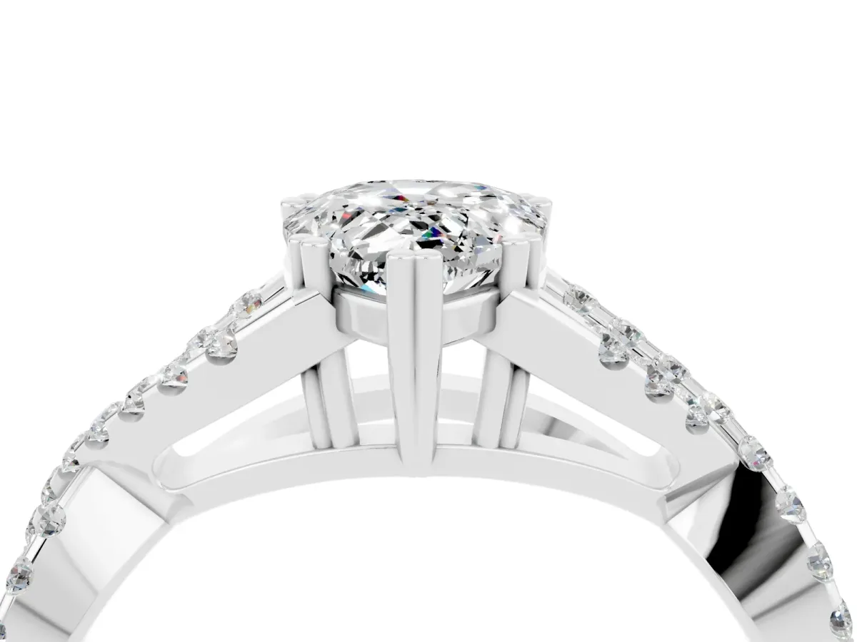 Pear Cut Moissanite Solitaire Ring with Four-Prong Setting and Twisted Pavé Band Platinum