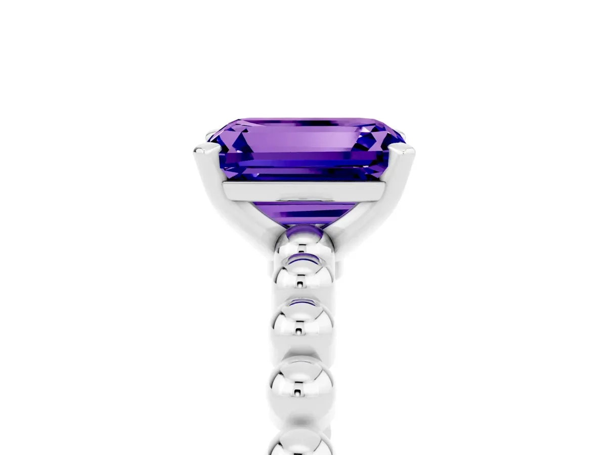 Emerald Cut Tanzanite Solitaire Ring with Beaded Band and Prong Setting Silver