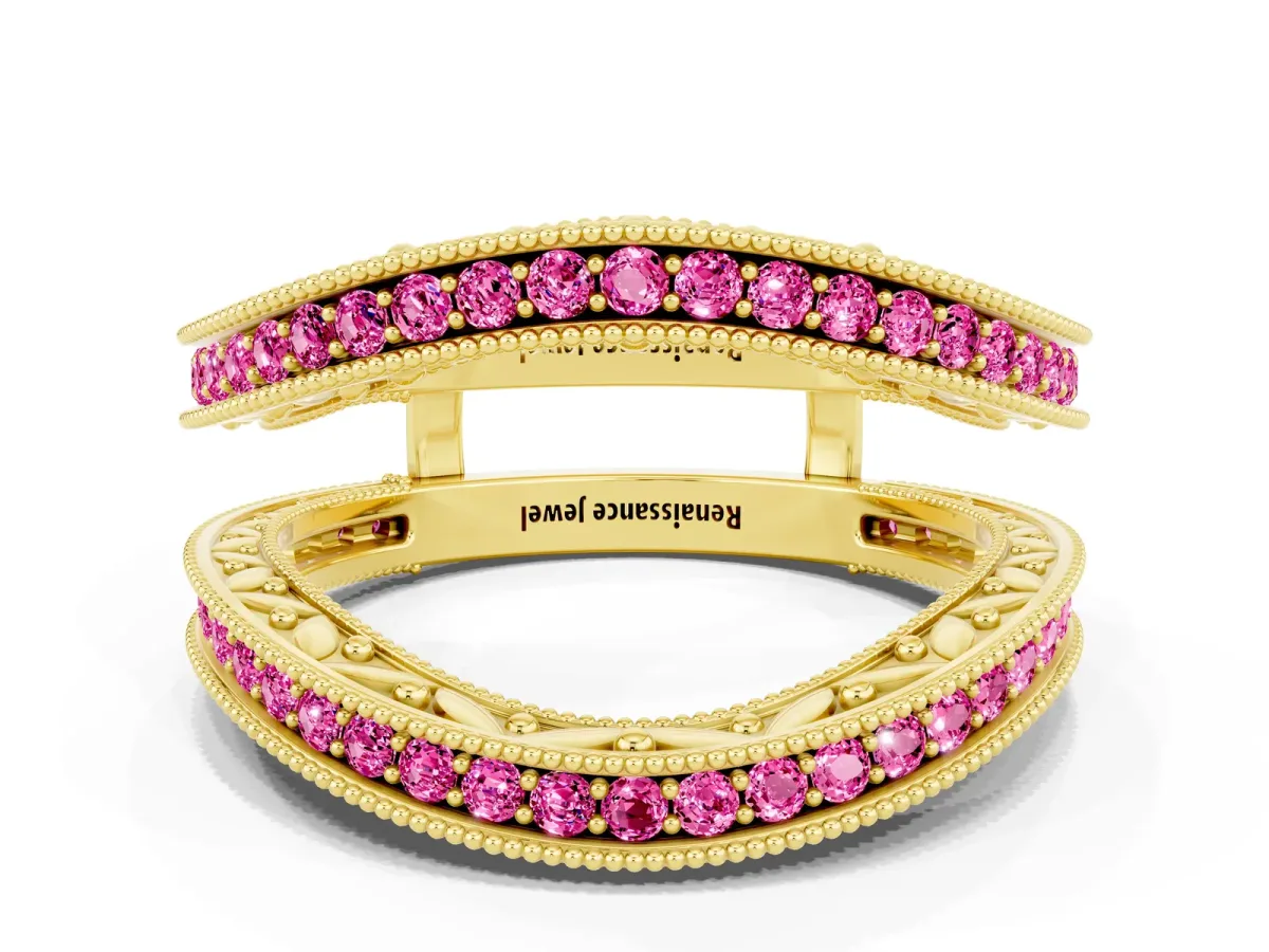 Round Pink Sapphire Milgrain Eternity Band with Channel Setting Yellow gold
