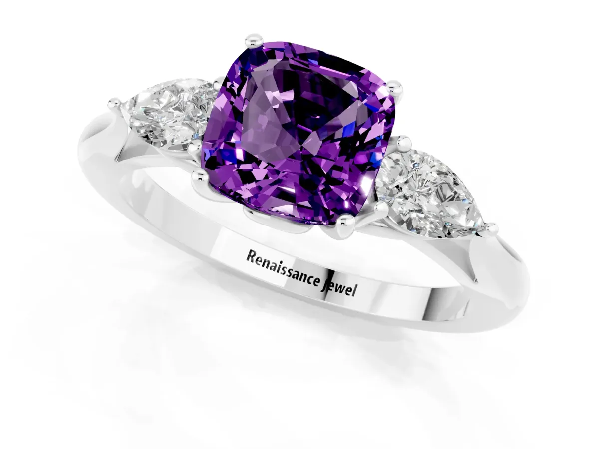 Three-Stone Cushion Cut Amethyst Ring with Pear Side Stones in Four-Prong Setting White gold