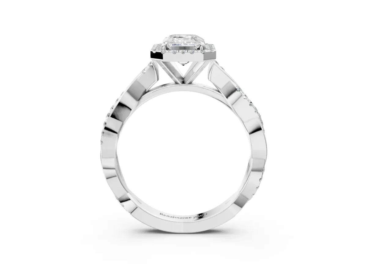 Emerald Cut Cut Halo Twisted Band Four-Prong Ring White gold