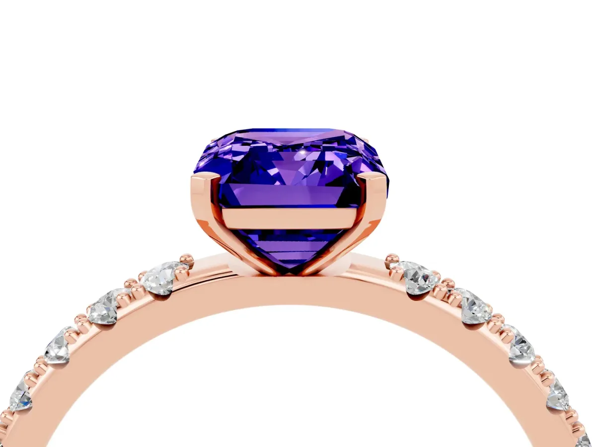 Emerald Cut Tanzanite Solitaire Pavé Band with Four-Prong Setting Rose gold
