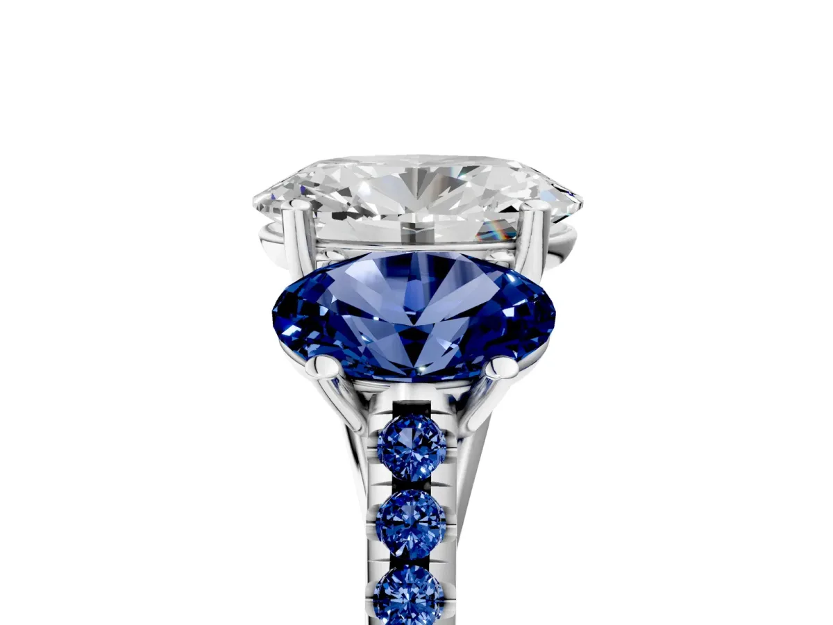 Three-Stone Oval Cut Diamond Ring with Round Blue Sapphire Pavé Band and Prong Setting Silver