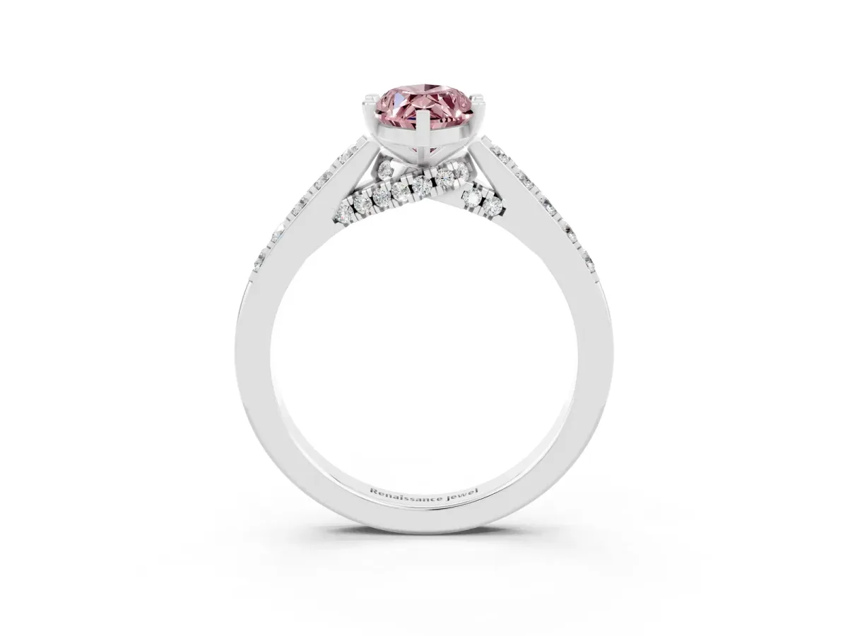 Marquise Cut Morganite Solitaire Ring with Crossover Gallery and Round Pavé Band Silver