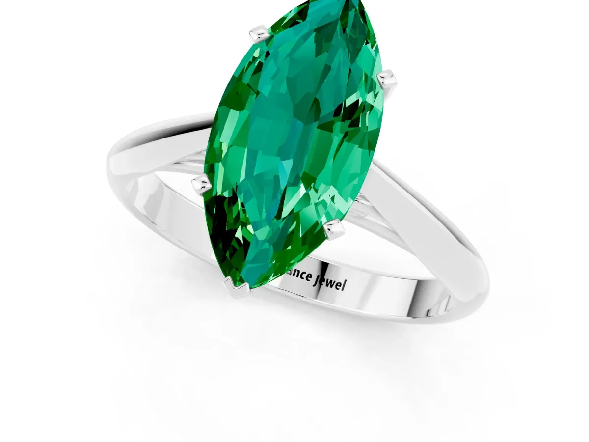 Marquise Cut Emerald Solitaire Engagement Ring with Cathedral Setting and Four-Prong Mount White gold