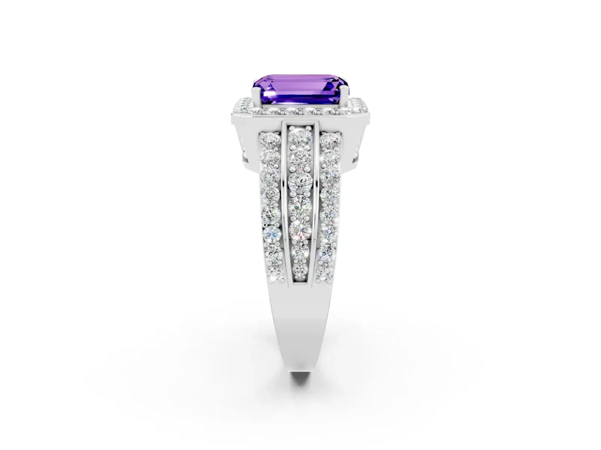 Emerald Cut Halo Tanzanite Ring with Round Split Shank and Prong Setting White gold