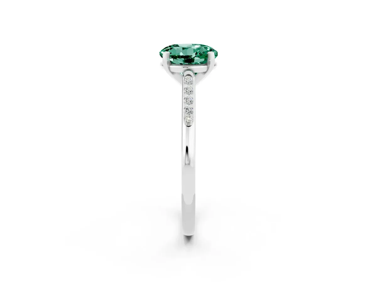 Round Cut Green Sapphire Solitaire Ring with Channel Set Round Band and Prong Setting Silver