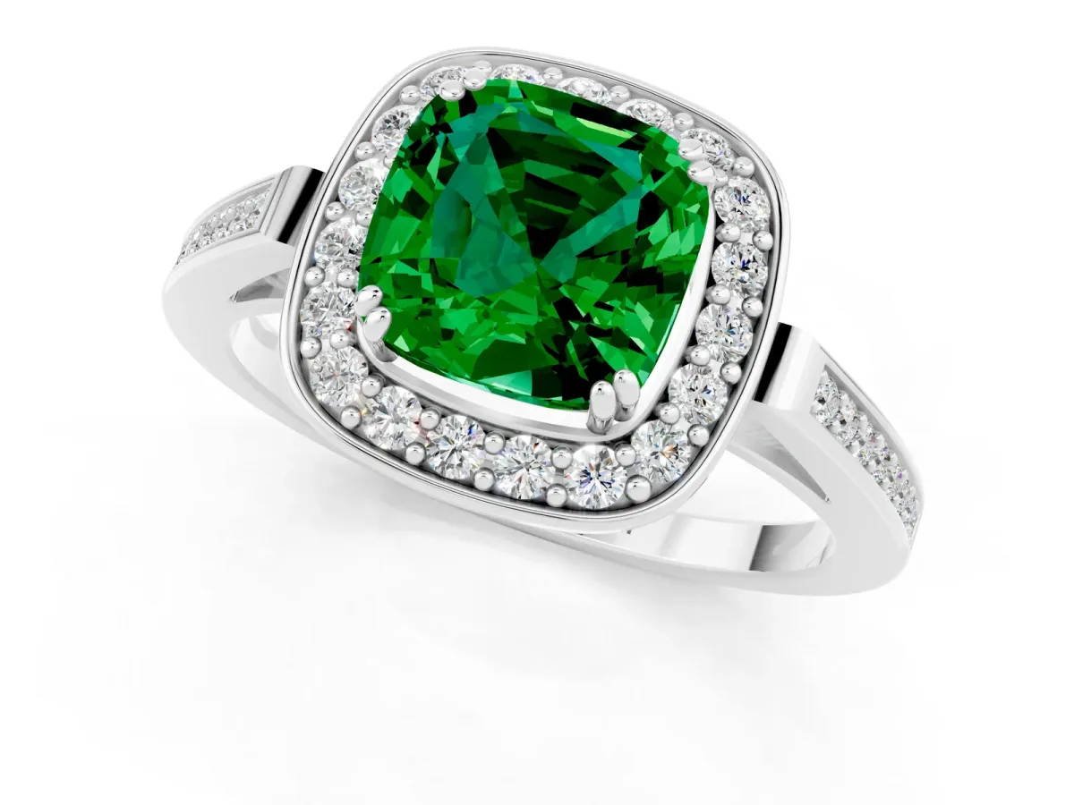 Cushion Cut Emerald Halo Ring with Split Shank and Four-Prong Setting White gold