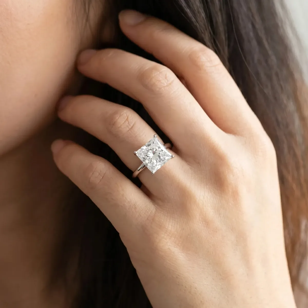 Princess Cut Cut Solitaire Engagement Ring with Thin Band and Four-Prong Setting Silver