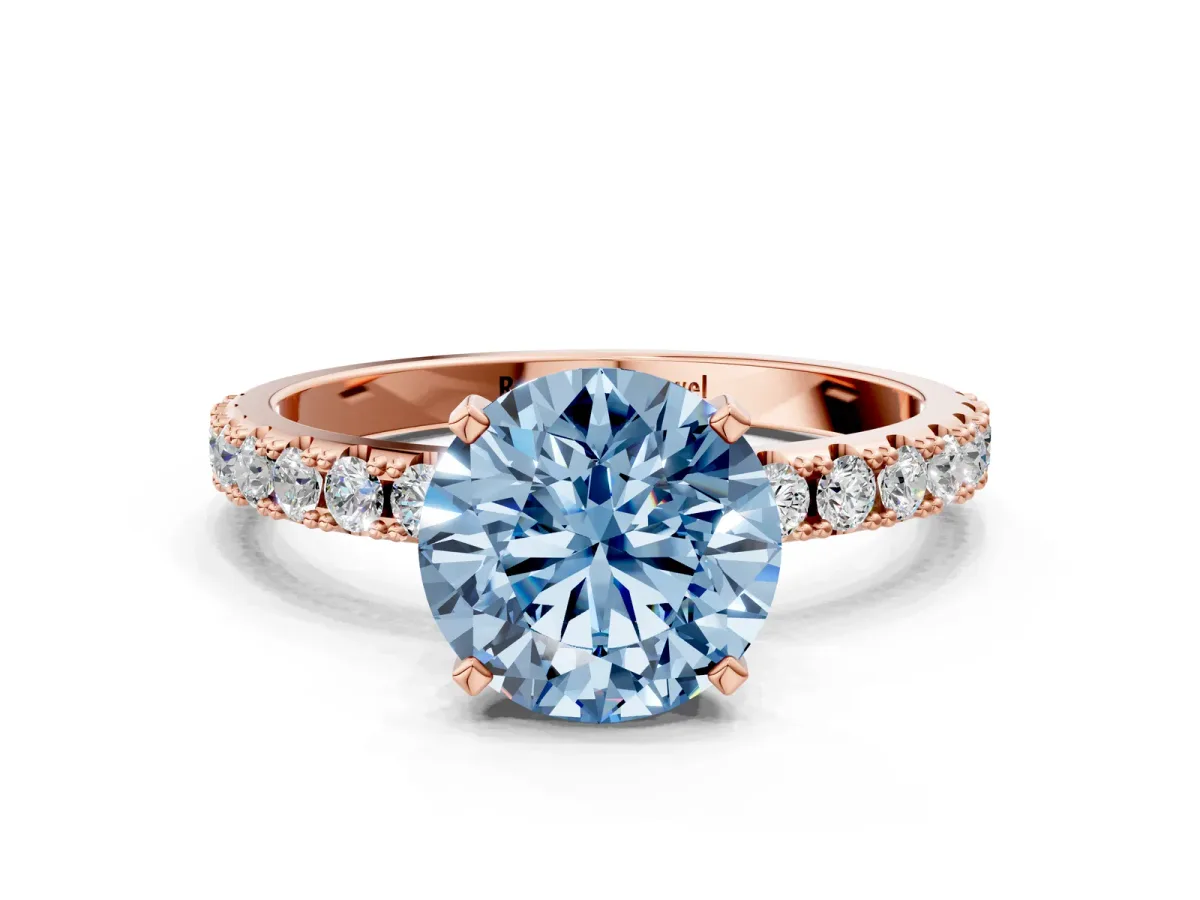 Fancy Blue Round Cut Diamond Solitaire Pavé Band with Four-Prong Setting Rose gold