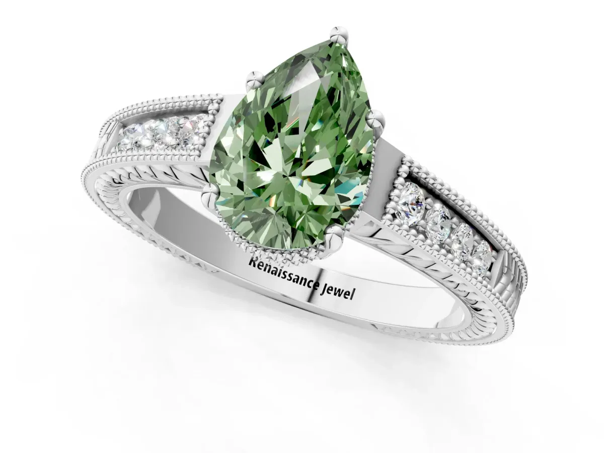 Fancy Green Pear Cut Diamond Ring with Milgrain Pavé Band and Four-Prong Setting Platinum