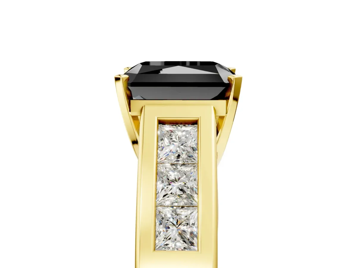 Fancy Black Radiant Cut Cut Channel Set Solitaire Ring with Four-Prong Setting Yellow gold