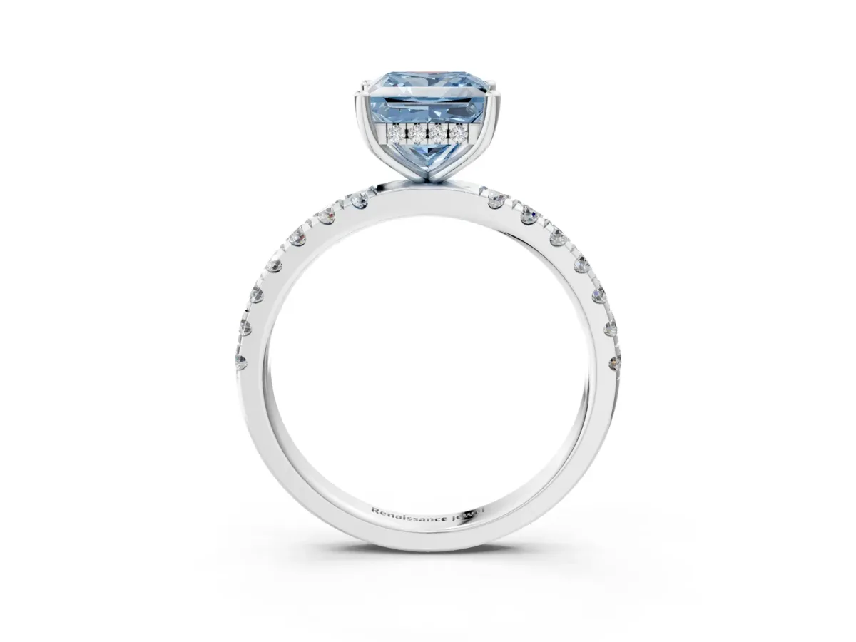 Fancy Blue Princess Cut Diamond Pave Band Solitaire Ring with Round and Prong Setting Platinum