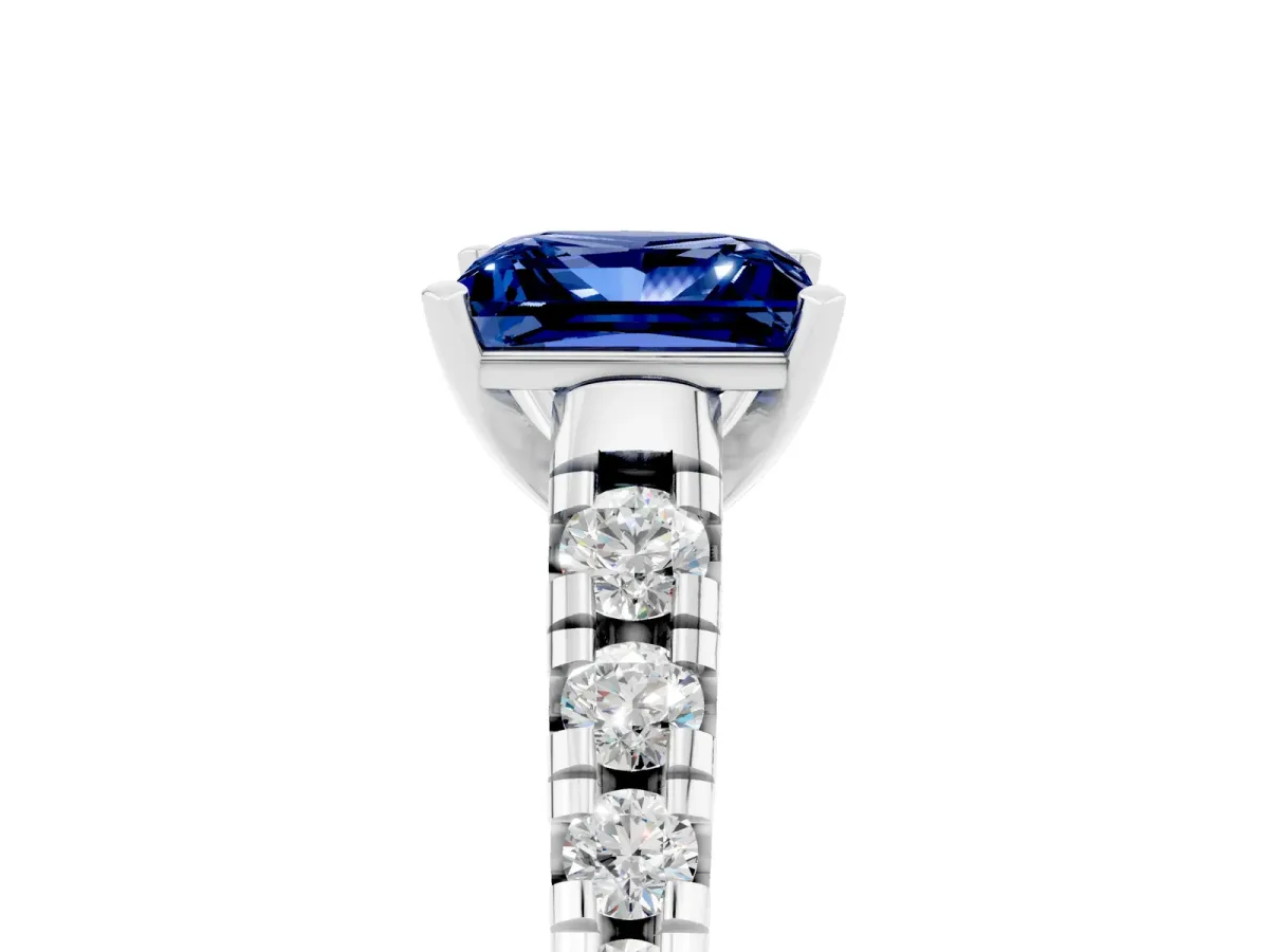 Princess Cut Blue Sapphire Cathedral Solitaire Ring with Round Pavé Band Silver