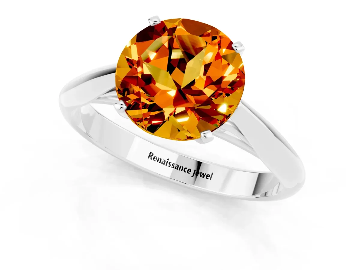 Round Cut Citrine Solitaire Engagement Ring with Cathedral Setting and Four-Prong Mount White gold