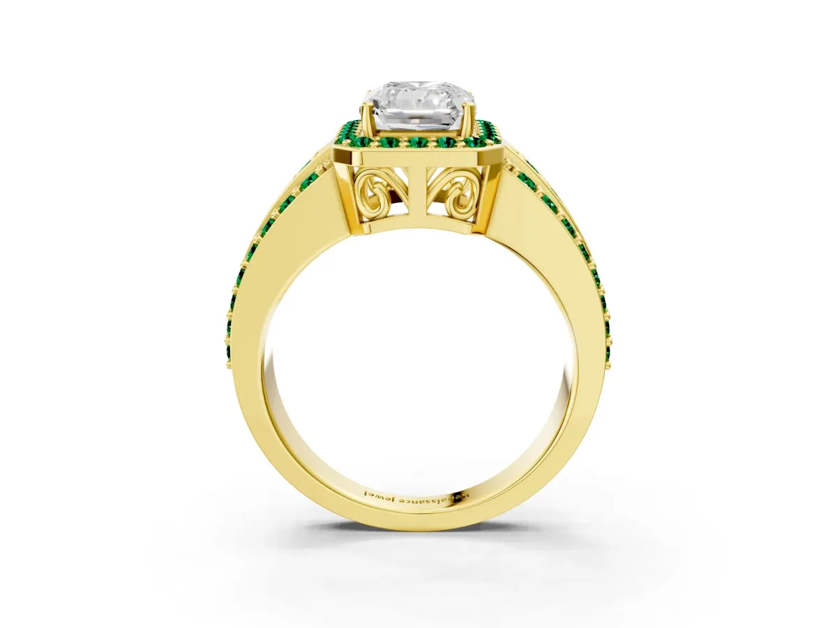 Radiant Cut Halo Diamond Ring with Round Emerald Split Shank and Prong Setting Yellow gold