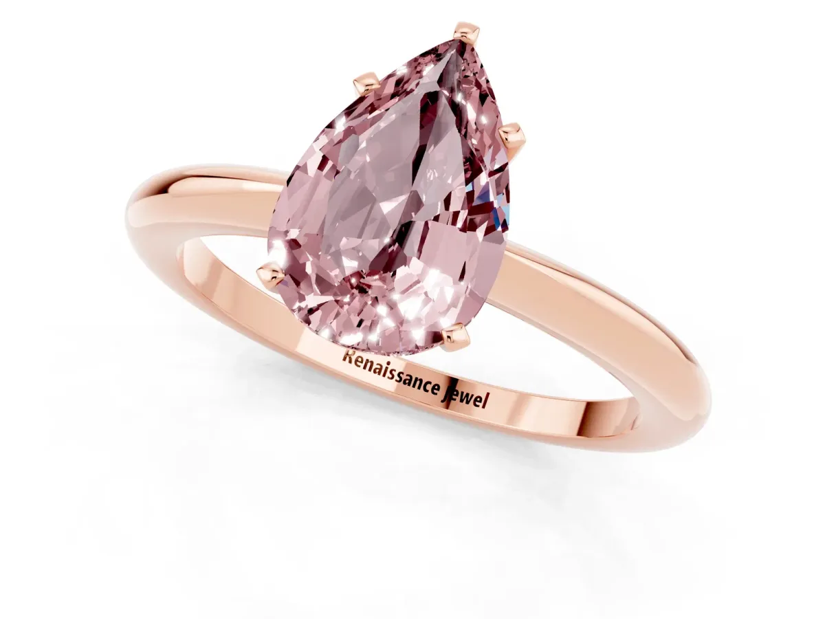 Pear Cut Morganite Solitaire Ring with Six-Prong Setting and Classic Band Rose gold