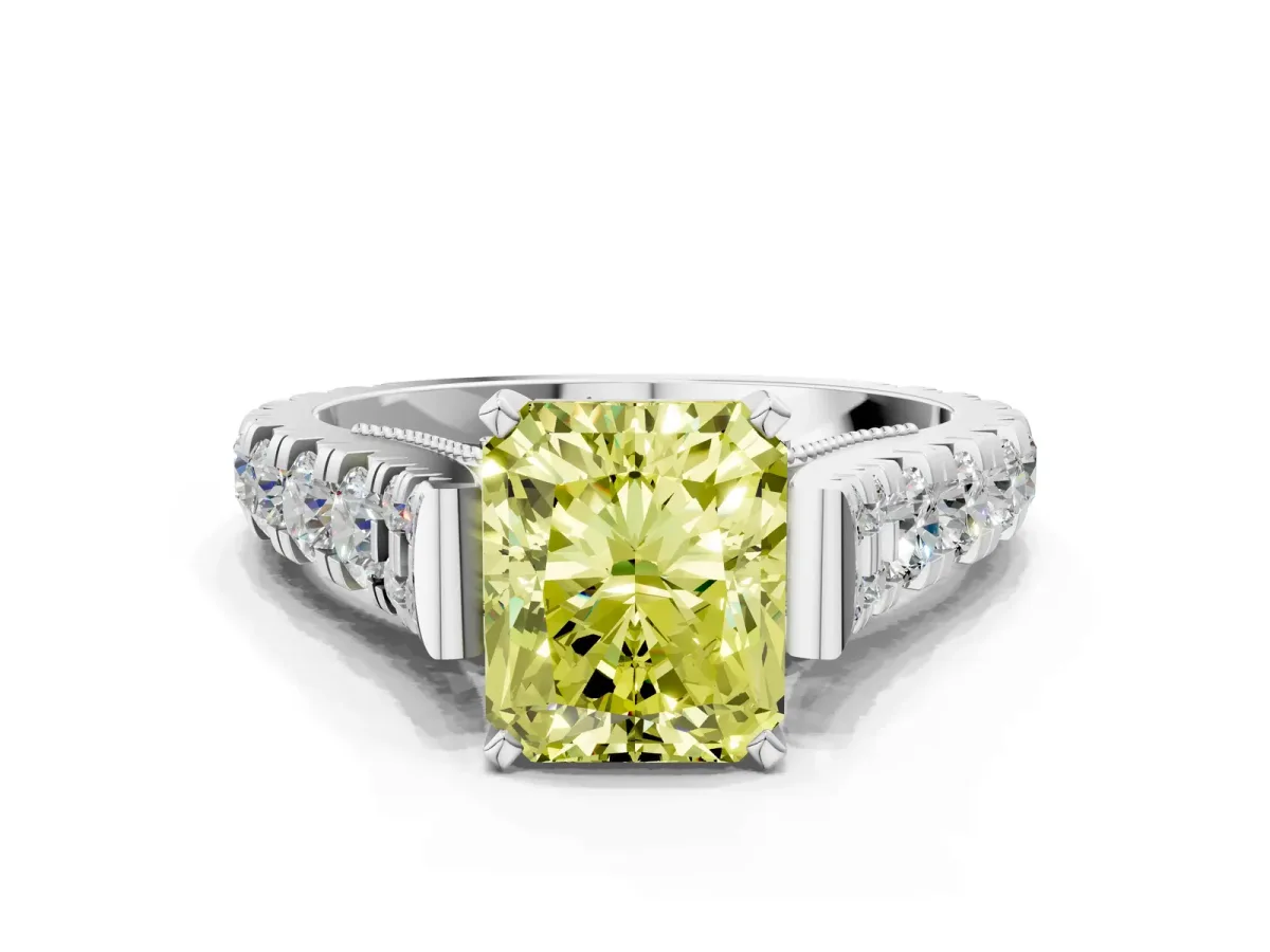 Fancy Yellow Radiant Cut Diamond Classic Solitaire Ring with Pavé Band and Four-Prong Setting Silver