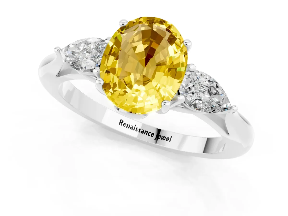 Three-Stone Oval Cut Yellow Sapphire Ring with Pear Side Stones in Four-Prong Setting White gold