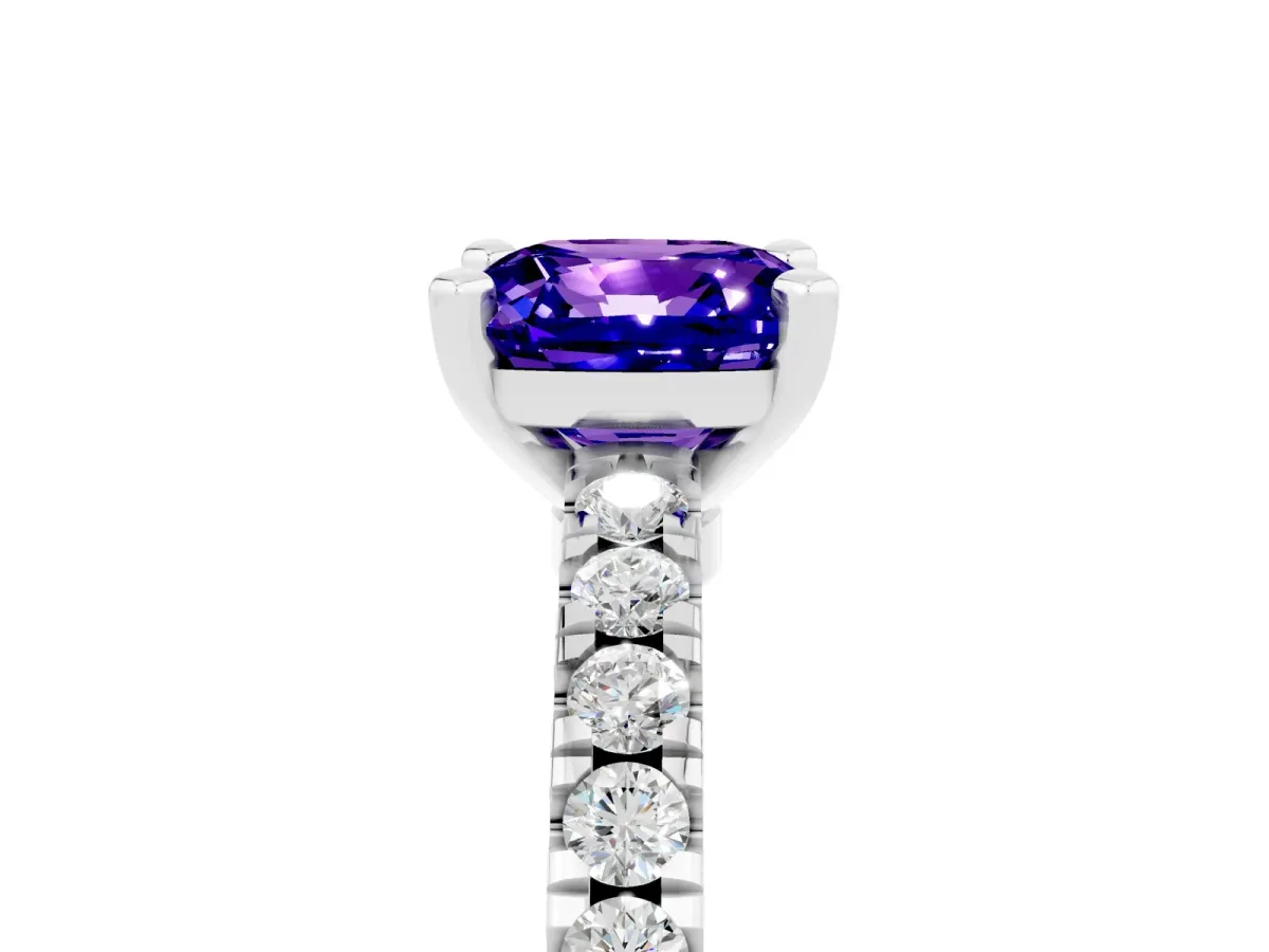 Cushion Cut Solitaire Tanzanite with Pavé Band and Four-Prong Setting Silver